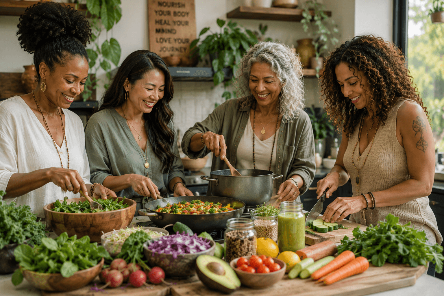 Four diverse women smiling and preparing a healthy meal together in a bright, sunlit kitchen.